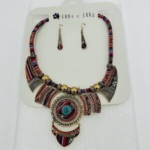 Ella & Elly Statement Colorful Ethnic Choker Tassel Pendant Necklace Earring Set